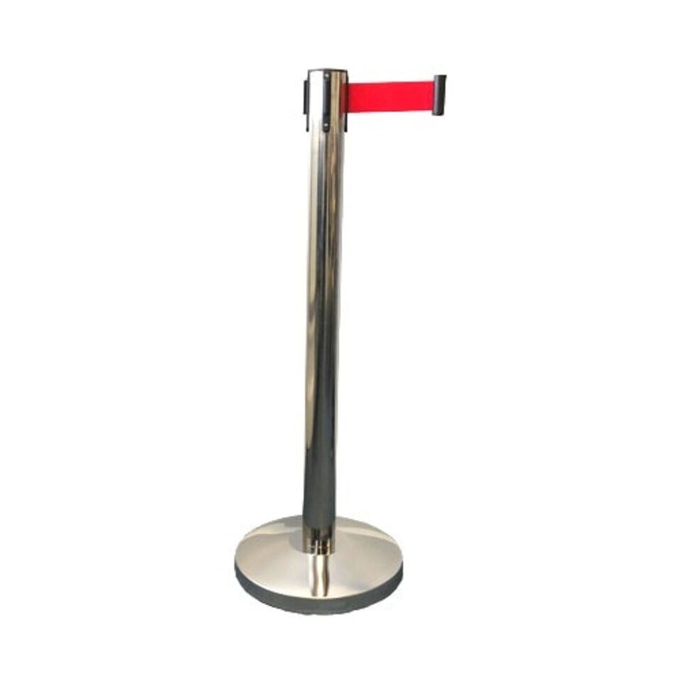 Silver Retractable Barrier Post with 2m Red Belt and Base