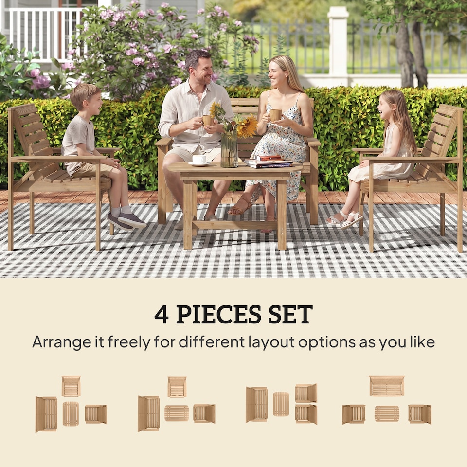 image 1 of Outsunny 4 Seater Garden Furniture Sofa Set with Curved Seat, Natural Wood | Brown | Natural wood finish | Four Seater