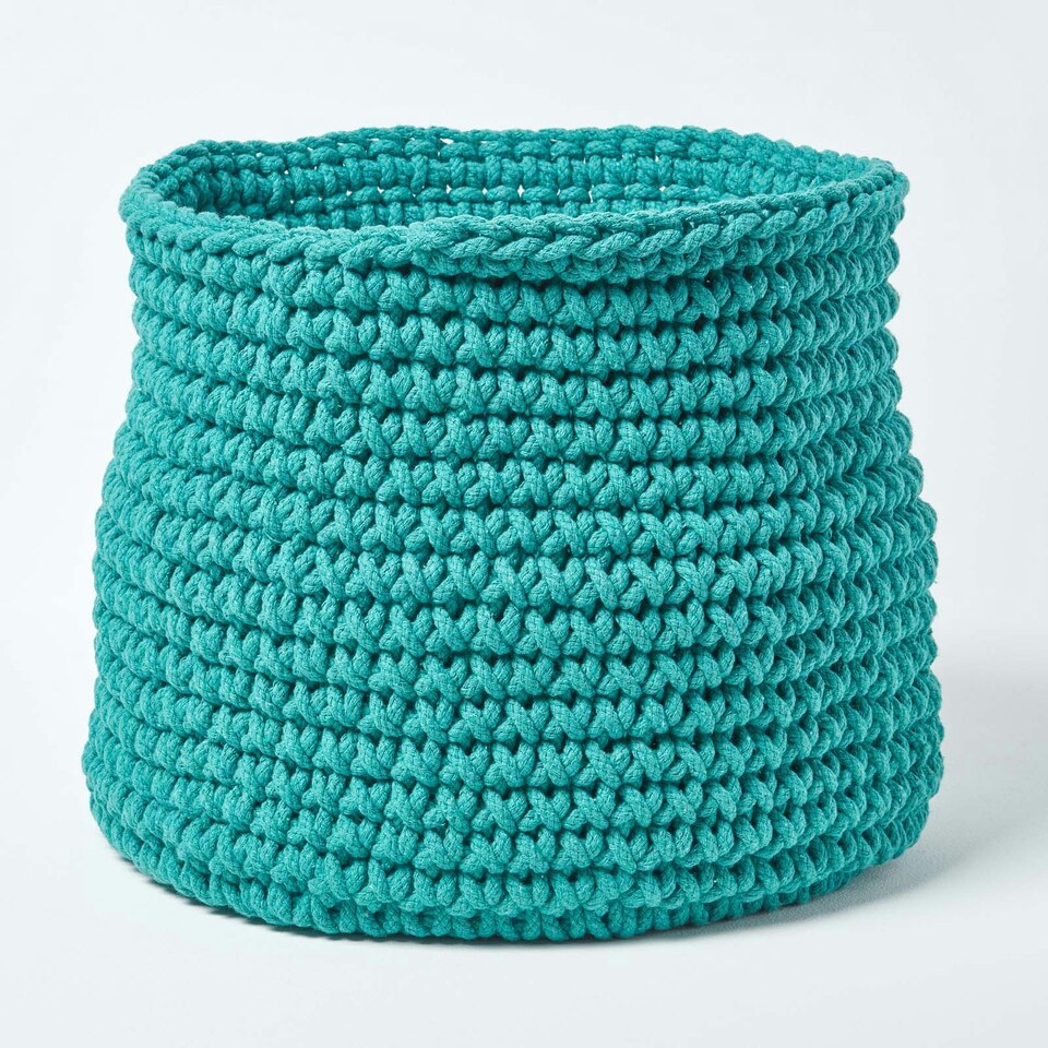 image 1 of Homescapes Teal Green Cotton Knitted Round Storage Basket - 42 x 37 cm Green | L