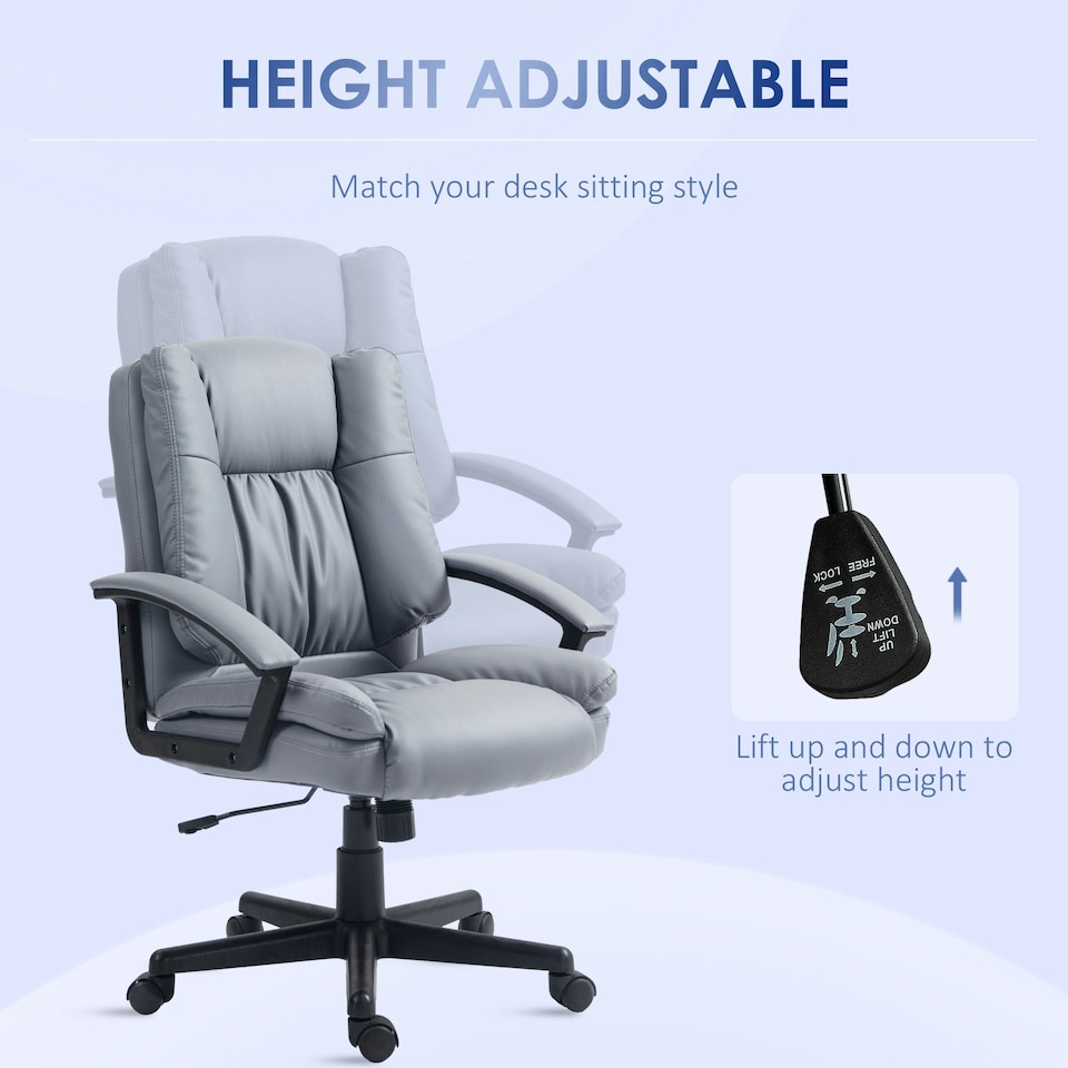 image 1 of HOMCOM Faux Leather Home Office Chair Mid Back Desk Chair with Arms Light Grey