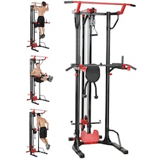 SPORTNOW Power Tower with Lat Pull Down Machine, Pull Up Bar, Dip Station | Black | Black and Red | 100W x 110D x 225H cm
