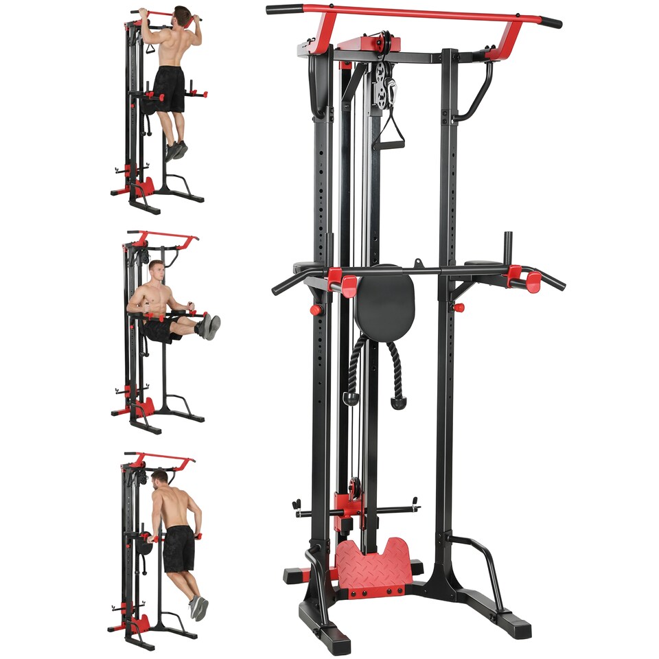 image 1 of SPORTNOW Power Tower with Lat Pull Down Machine, Pull Up Bar, Dip Station | Black | Black and Red | 100W x 110D x 225H cm