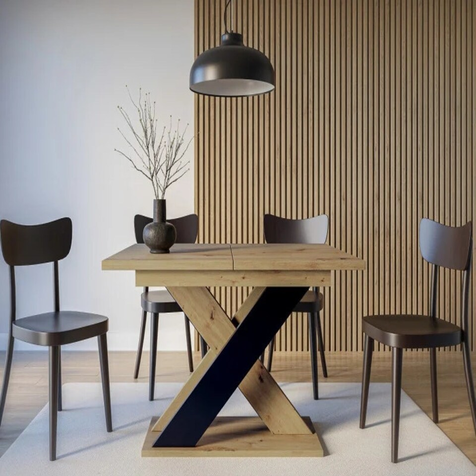 image 1 of Dining Table Extendable 120-160cm Extending Oak Finish Top Black X Frame Leg 6-8 Seater - Xia