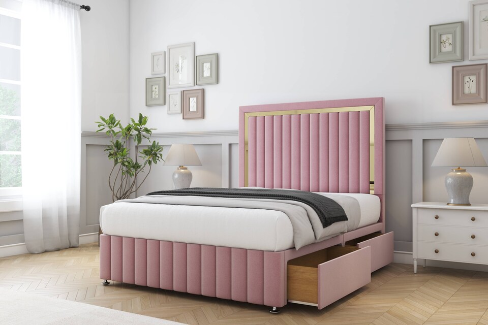 image 1 of Sloomy Boston Gold Pink Plush Divan Bed Base 4 Drawers With 26 Inch Strutted Headboard & 12 Inch Matching Footboard | Pink | Pink | King | 1