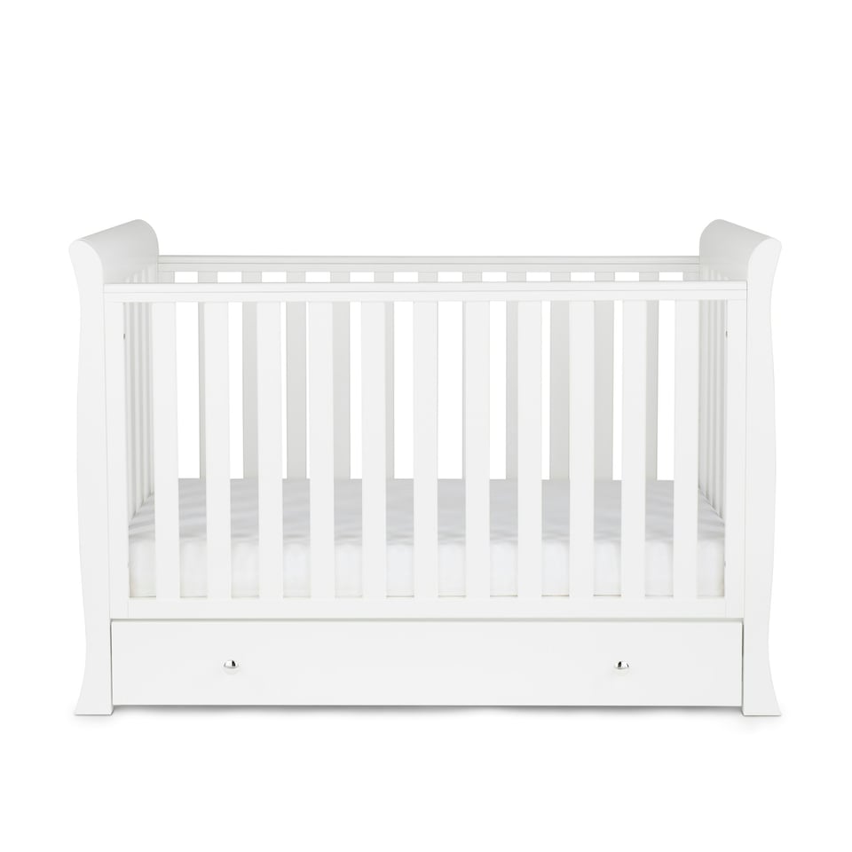 image 1 of Snowdon Mini Cot Bed, Premium Sprung Mattress & Underdrawer – Sleigh Style, Convertible Baby Cot to Toddler Bed, Adjustable Base (White)