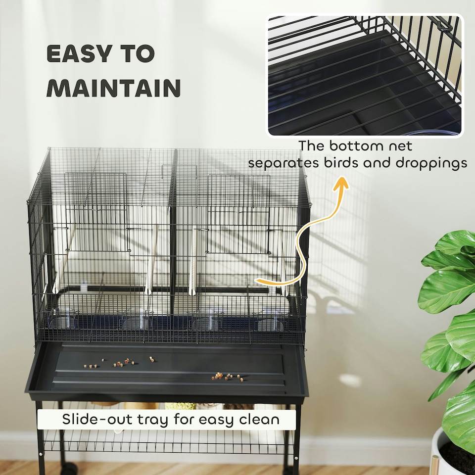 image 1 of PawHut Bird Cage with Divider, 4 Wooden Perches, Slide Out Tray, Black