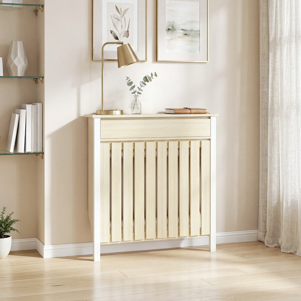 image 1 of HOMCOM Radiator Cover with Drawer and Vertical Slats Oak