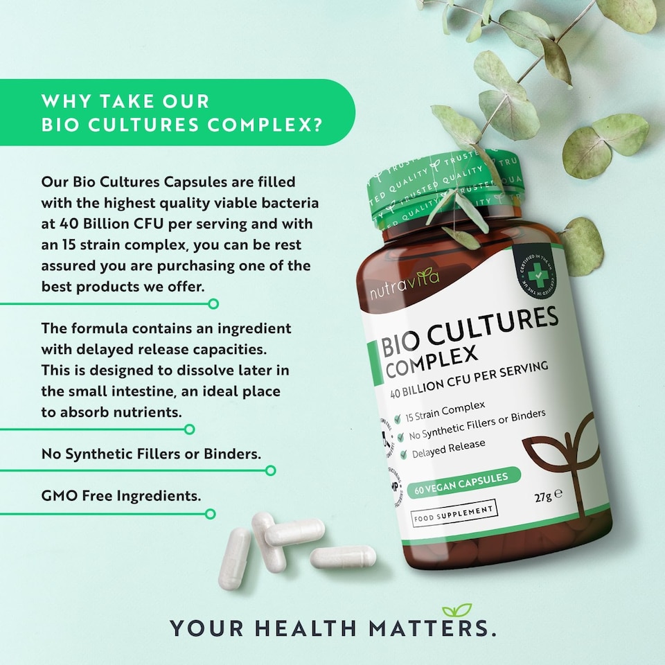 image 1 of Nutravita Super Strength 40 Billion CFU Bio Cultures Complex with 15 Live Strains - Digestive Enzyme Supplement for Men & Women - 60 Vegan Capsules