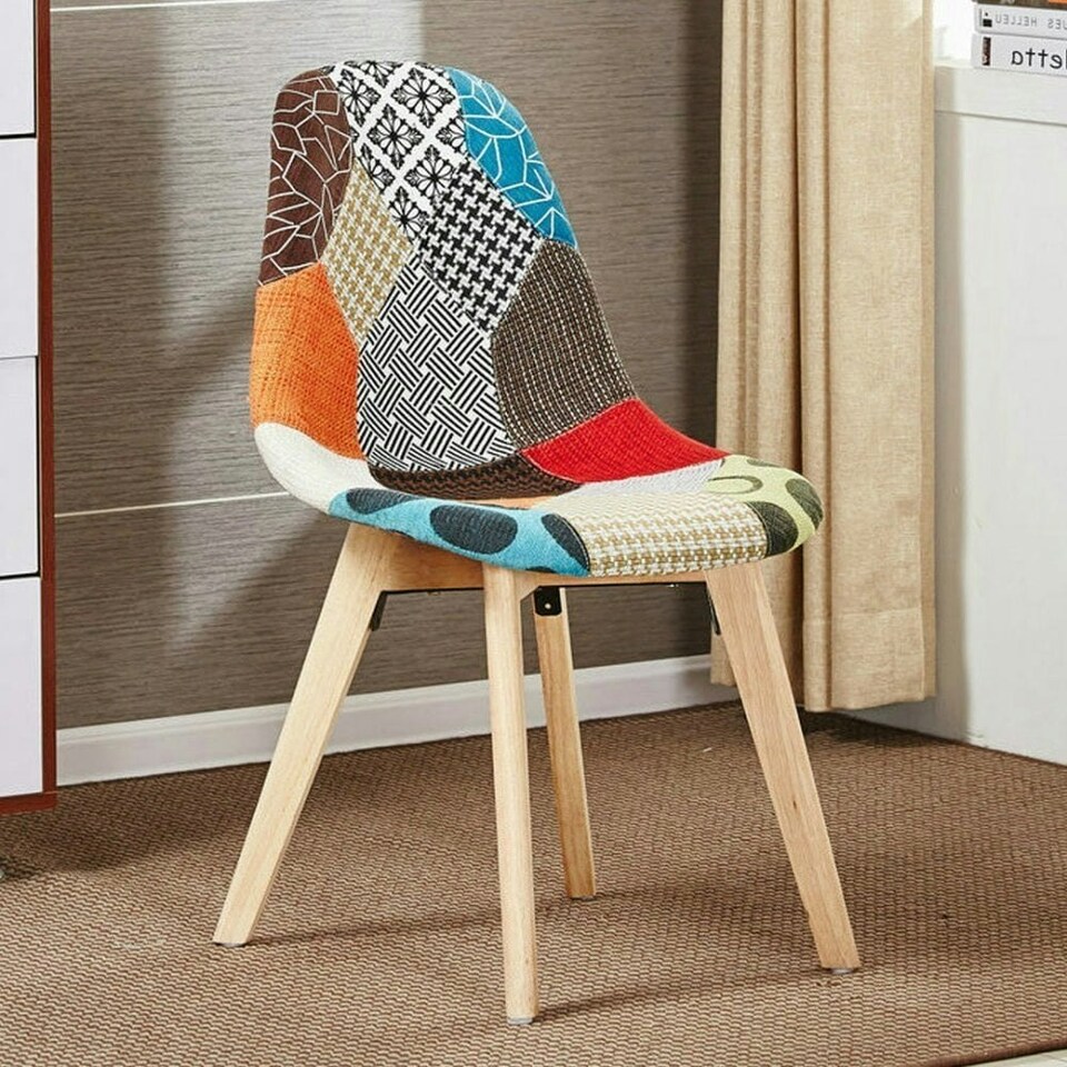 image 1 of Single Patchwork Multi Colors Fabric Dining Chair with Wooden Legs, Mid-Century Modern Accent Chair Multi