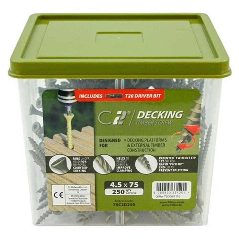image 1 of Timco - C2 Deck-Fix Premium Decking Screws - TUB - TX - Countersunk - Exterior - Green (Size 4.5 x 75 - 250 Pieces)