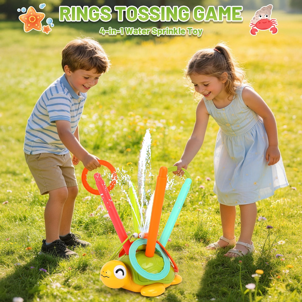image 1 of Kids Turtle Water Sprinkler Play Set with Rings, Nets & Balls - Outdoor Splash Toy for Toddlers