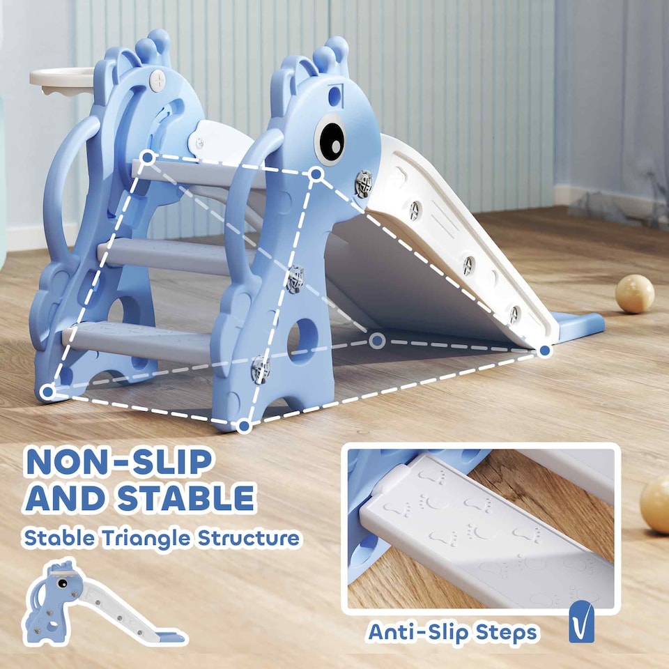 image 1 of AIYAPLAY 3 in 1 Kids Slide with Climber, Basketball Hoop and Ball, Blue