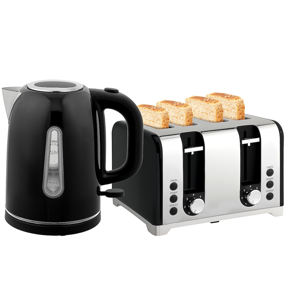 image 1 of HOMCOM Kettle and Toaster Set, 1.7L 3000W Rapid Boil Jug Kettle with Strix Thermostat, Limescale Filter, 4 Slice Toaster with 7 Browning Controls, Crumb Tray, Black | Black