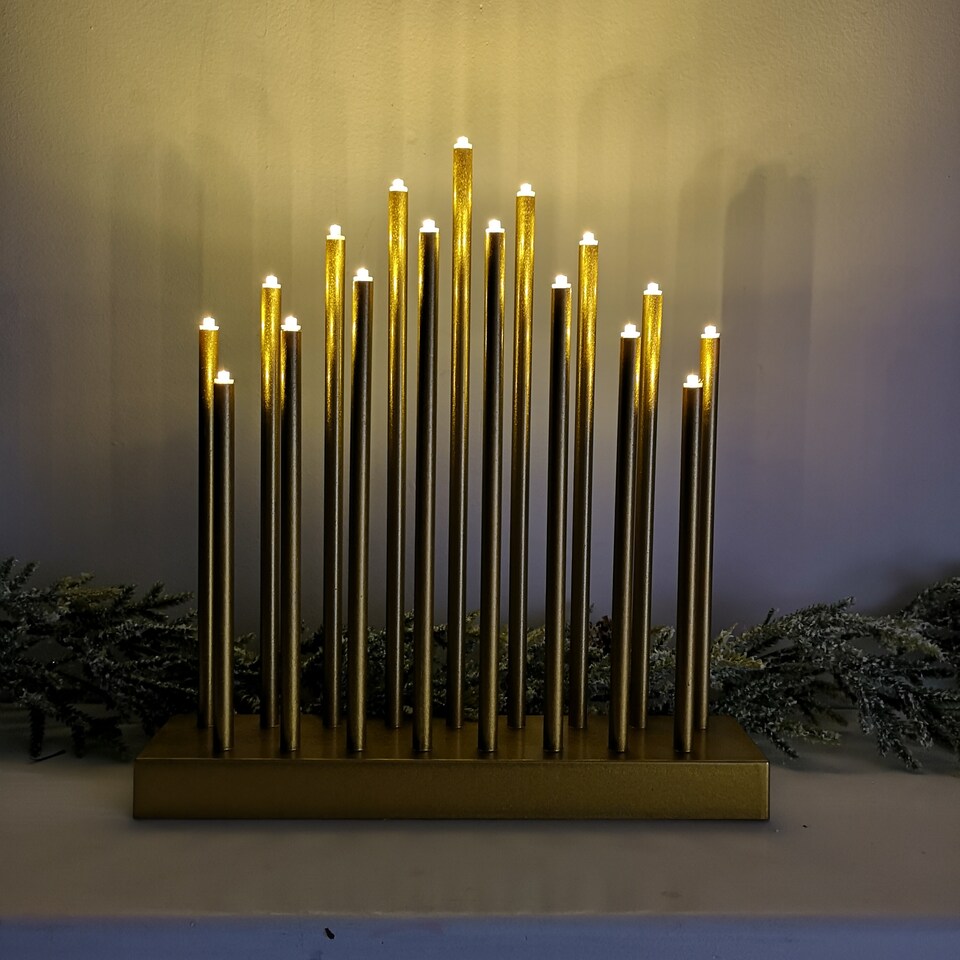 image 1 of 29cm Premier Christmas  Candle Bridge with 17 LEDs & Timer in Gold Battery Operated