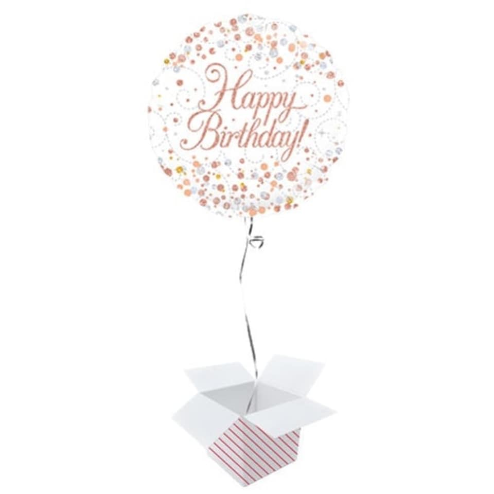 Happy Birthday White And Rose Gold Holographic Round Foil Helium Balloon - Inflated Balloon in a Box