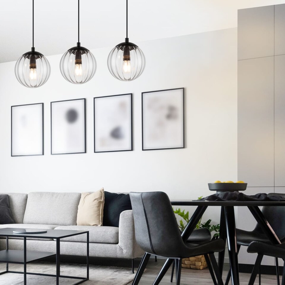 image 1 of COSYLYTE Kingston 3 Light Modern Ribbed Glass Pendant Light - Matt Black Metal | Black | 1