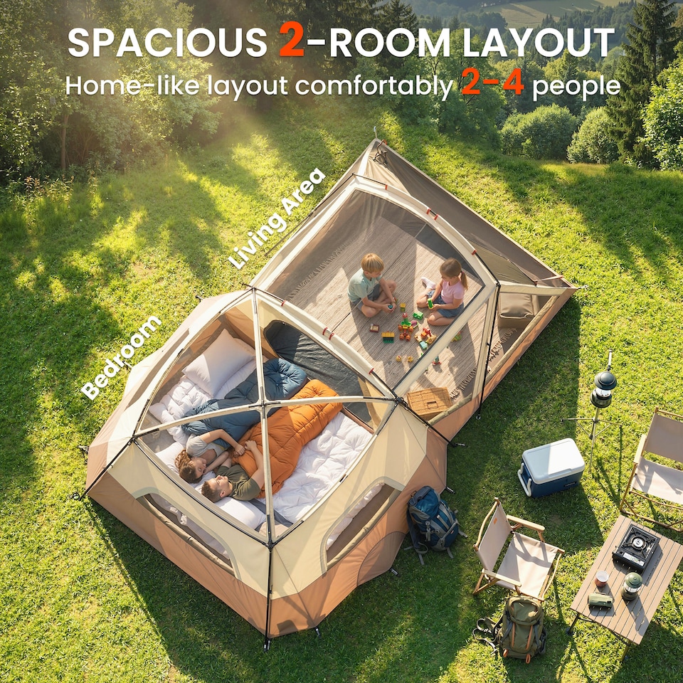 image 1 of Outsunny Camping Tent Waterproof for 4 Person Brown | Brown | 530 x 380 x 220 cm