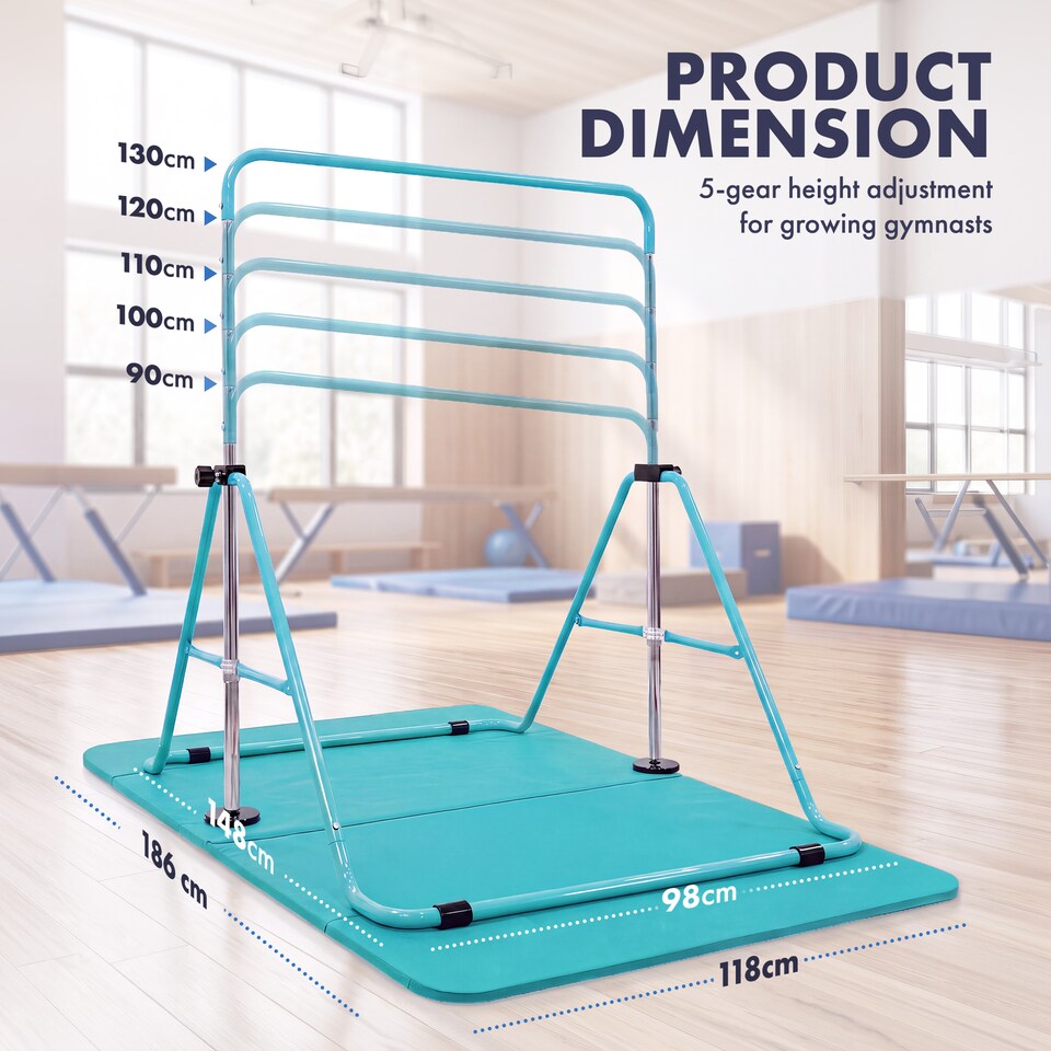image 1 of Kayman Gymnastics Bar and Floor Mat Set for Kids with Training Rings