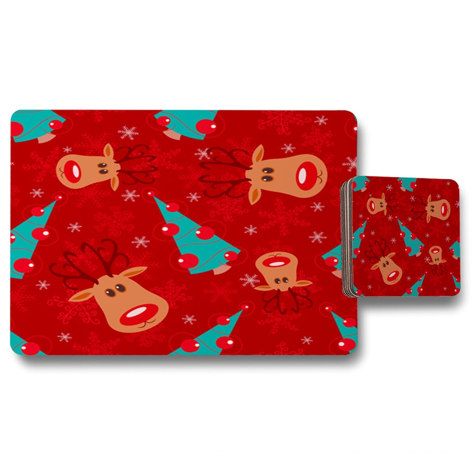 reindeer and tree pattern placemat coaster set | Multi