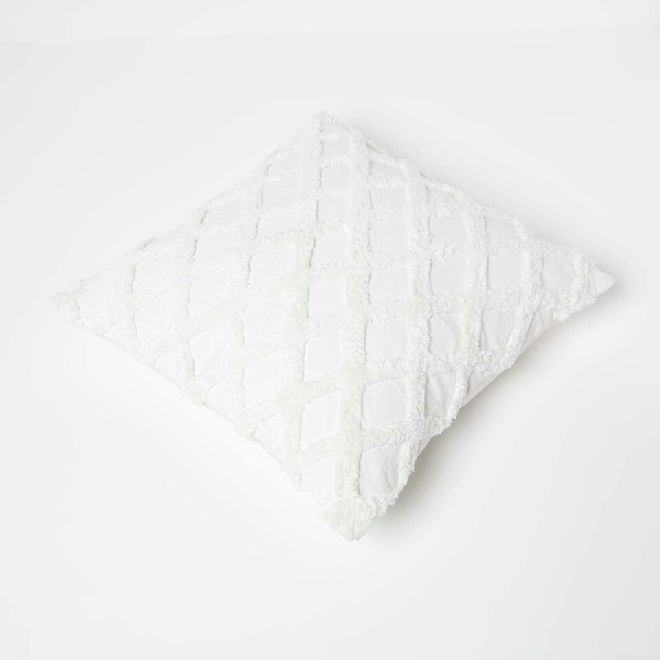 image 1 of Homescapes Geometric Diamond White Tufted Cotton Cushion - 45 x 45 cm | White | 1