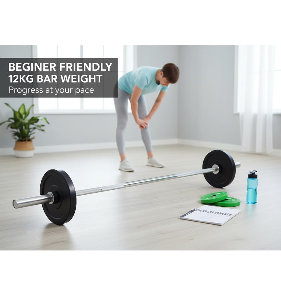 image 1 of Modern Fitness 6ft Olympic Barbell 12kg 1.8m Space-Saving Steel Weightlifting Bar with Spring Collars 28mm Professional Grip