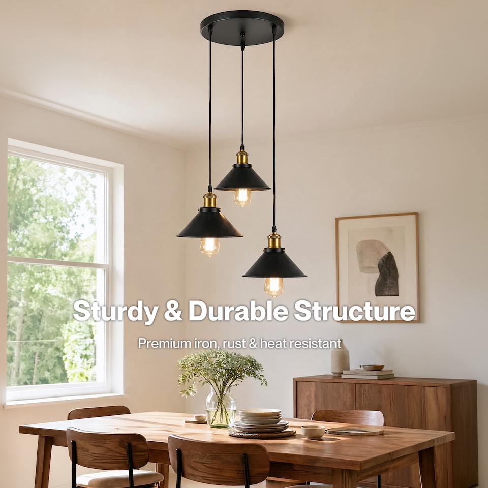 image 1 of Emitto Pendant Light 3 Lights Height Adjustable Vintage Ceiling Light Black