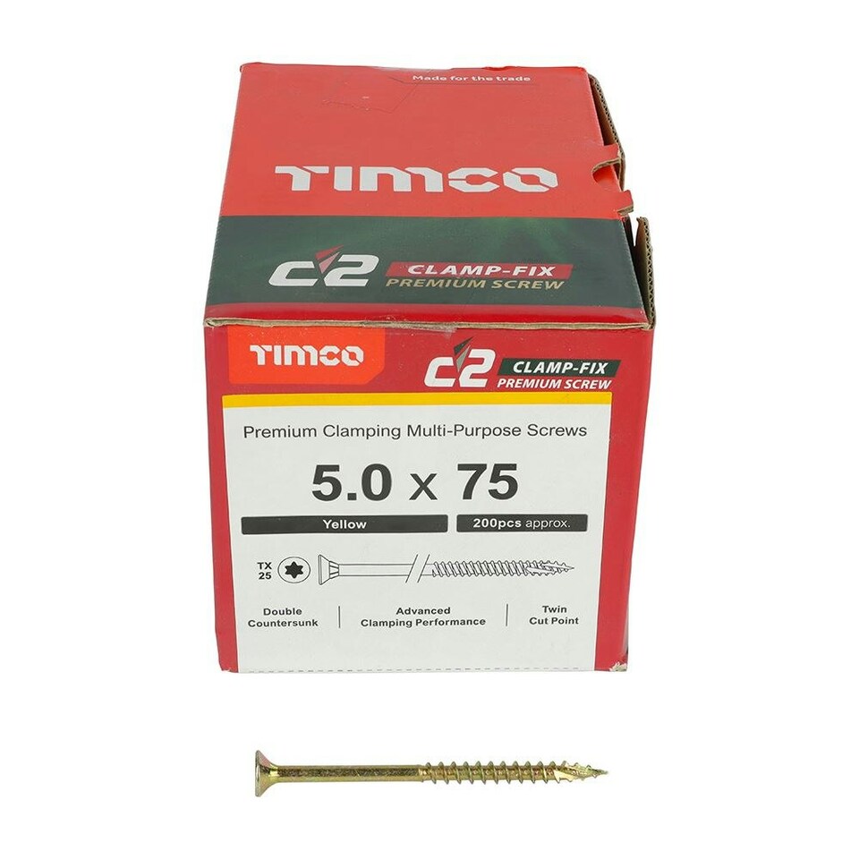 image 1 of Timco - C2 Clamp-Fix Multi-Purpose Premium Screws - TX - Double Countersunk - Yellow (Size 5.0 x 75 - 200 Pieces)