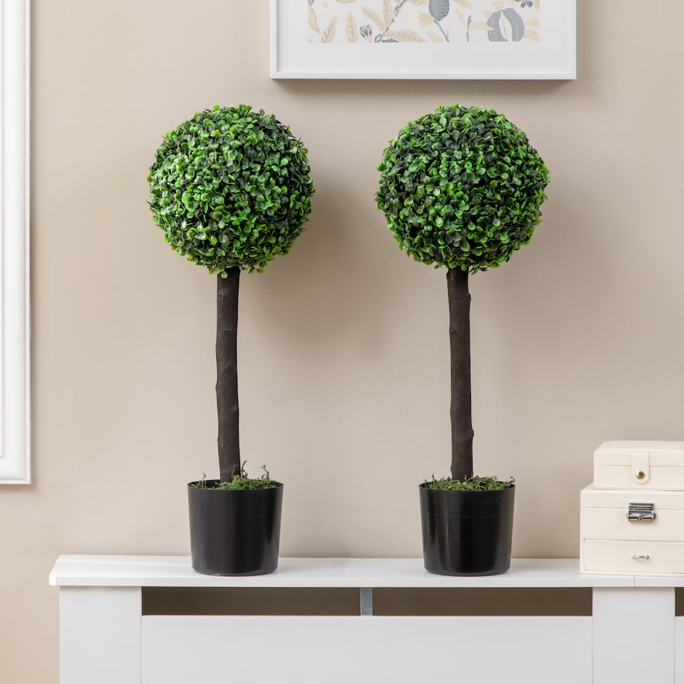 image 1 of HOMCOM Set of 2 Decorative Artificial Trees, Topiary Ball-shaped Boxwood Trees in Pot, Fake Plants for Home Indoor outdoor Decor, 60cm, 1 Tree Balls
