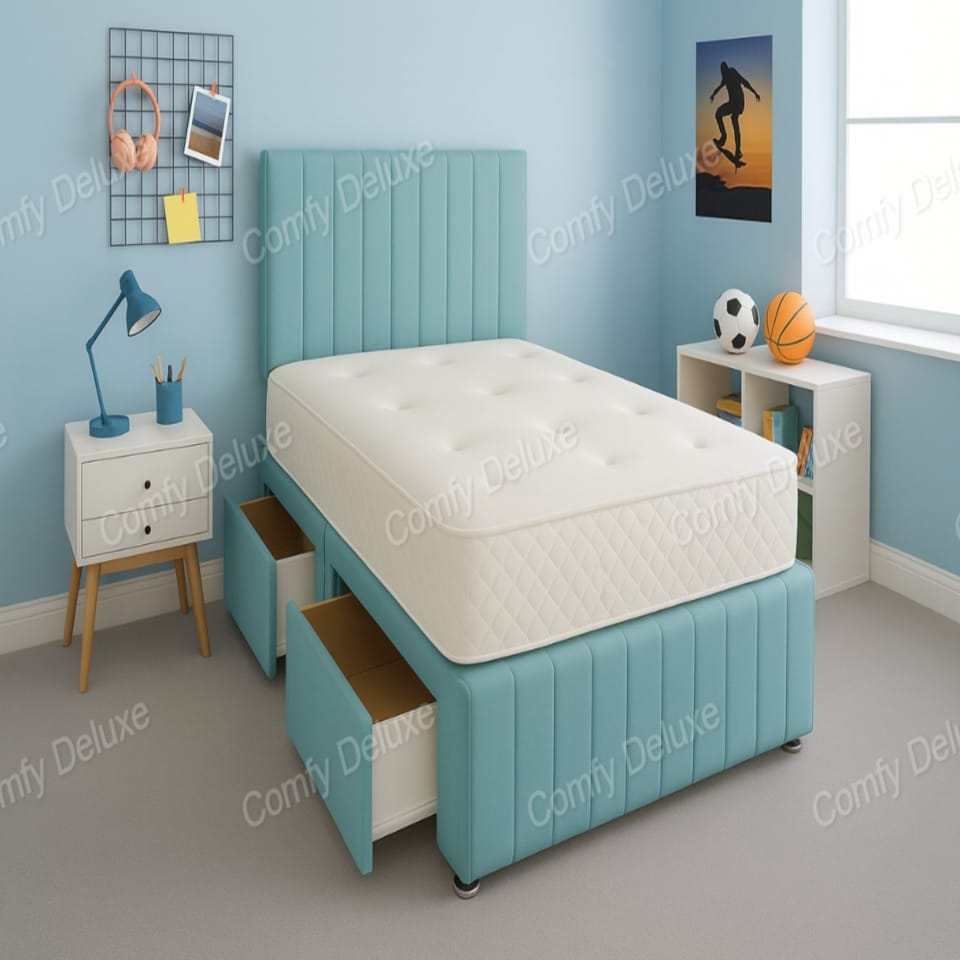Sky Blue Plush 5ft Kingsize Divan Bed Set Headboard & Footboard - 2 Drawers Right Side Laying in Bed