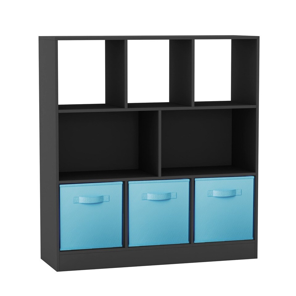 Asymmetrical 8 Black Cube Bookcase Shelf Storage Unit with 3 Fabric Drawer Inserts Multi Black & Sky Blue 1