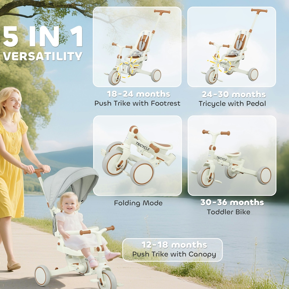 image 1 of AIYAPLAY 5 in 1 Foldable Kids Trike, Toddler Tricycle for 1-3 Years, Cream White
