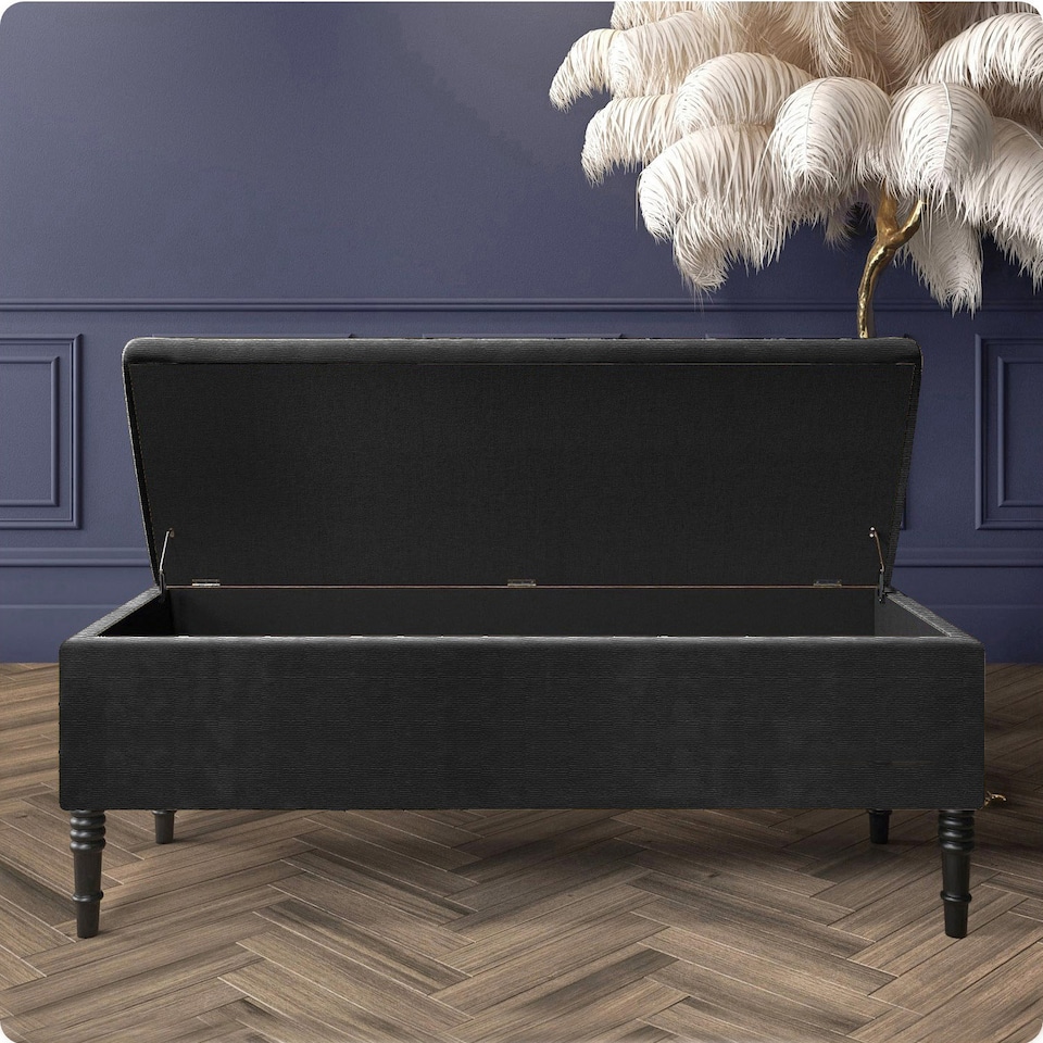 image 1 of 150cm Paris Plain Ottoman Storage Bench -Naples Shoes Bench with Black Turned Wooden Legs - Black Upholstery Storage Footstool