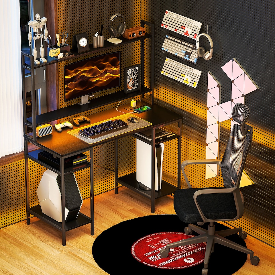 image 1 of HOMCOM Computer Desk with Power Outlets and LED Lights, Home Office Desk with Monitor Stand, 2 CPU Stands and Storage Shelves, Study Table Gaming Desk with Hutch, Black | Black