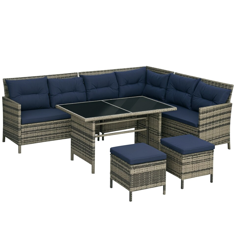 image 1 of Outsunny 6 PCs Patio wicker Sofa Set Rattan Chair Furniture, Dark Blue