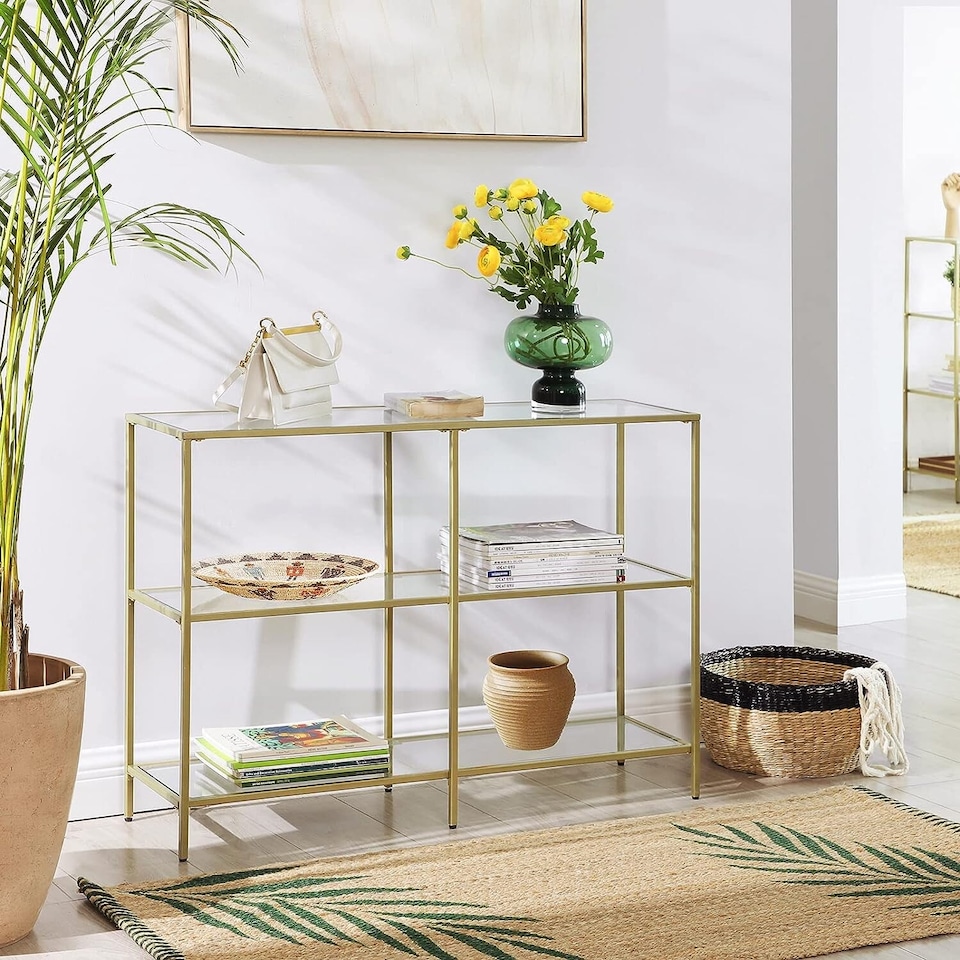 image 1 of 3-Tier Glass Sofa Console Table with Storage Shelves, Easy Assembly, Gold