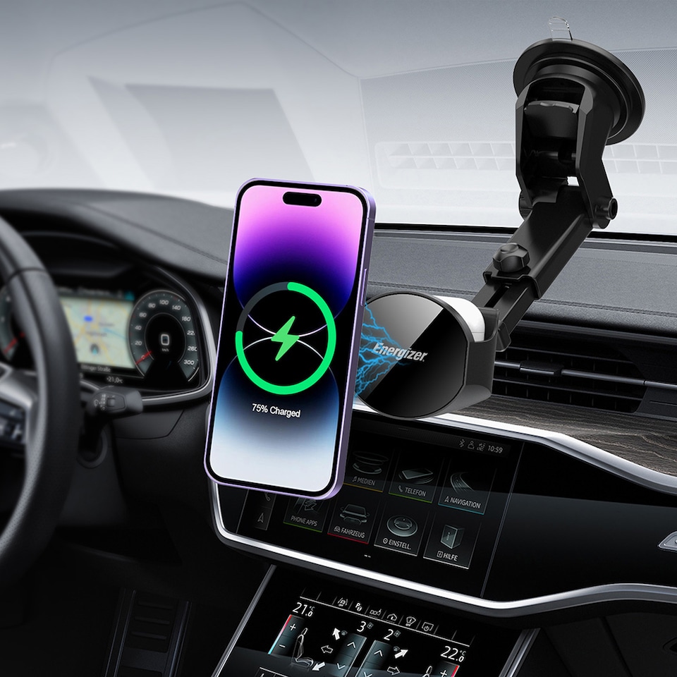 image 1 of Energizer In-Car Magnetic QI Wireless Charger & Airpods Black