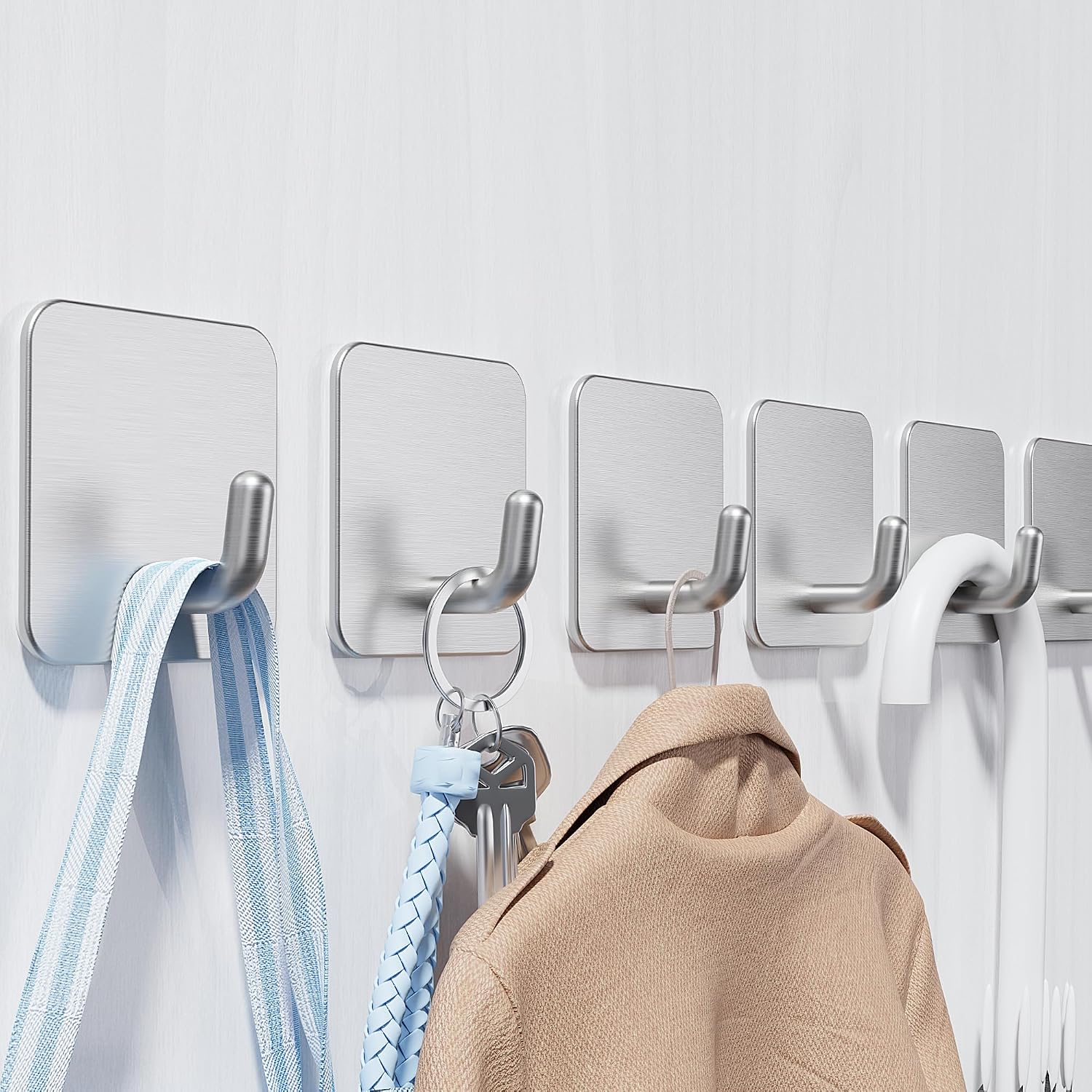 6 Pack Self Adhesive Hooks, Stainless Steel Sticky Hook Heavy Duty, Over 8kg Load - Hooks for Hanging for Towel, Coat, Key, Stick on Bathroom, Kitchen