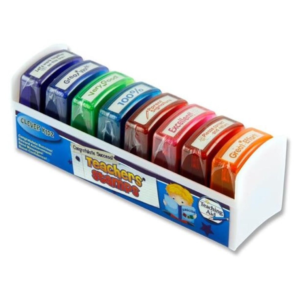 image 1 of Set Of 8 Self-inking Teachers Reward Stamps Set by Clever Kidz