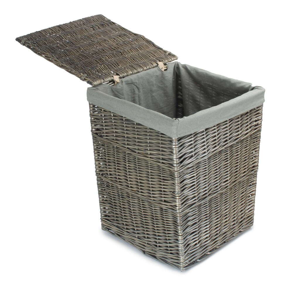 image 1 of Large Antique Wash Square Laundry Basket with Grey Sage Lining | Grey | Grey