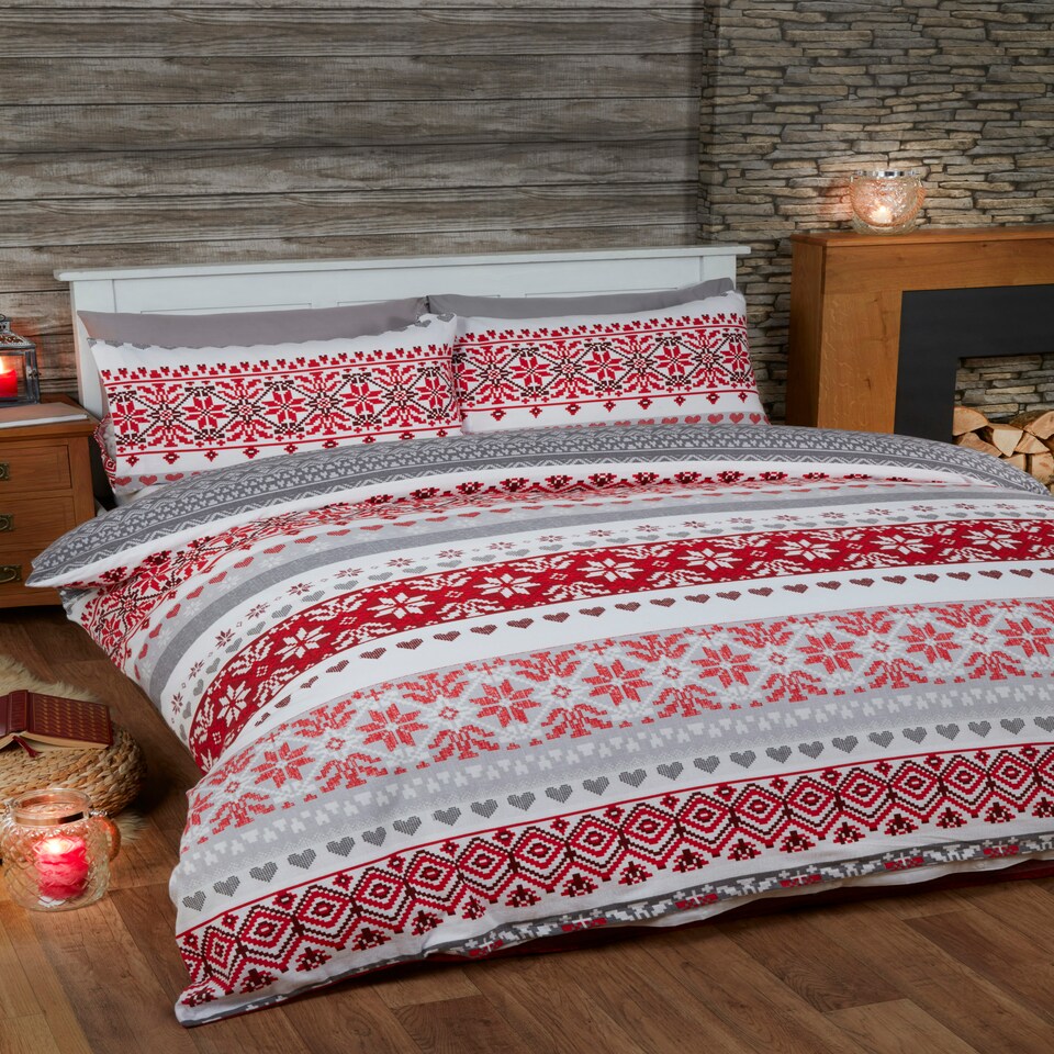 image 1 of Fairisle Reindeer Pure Cotton Bed Cover Sheet Set Red | Double