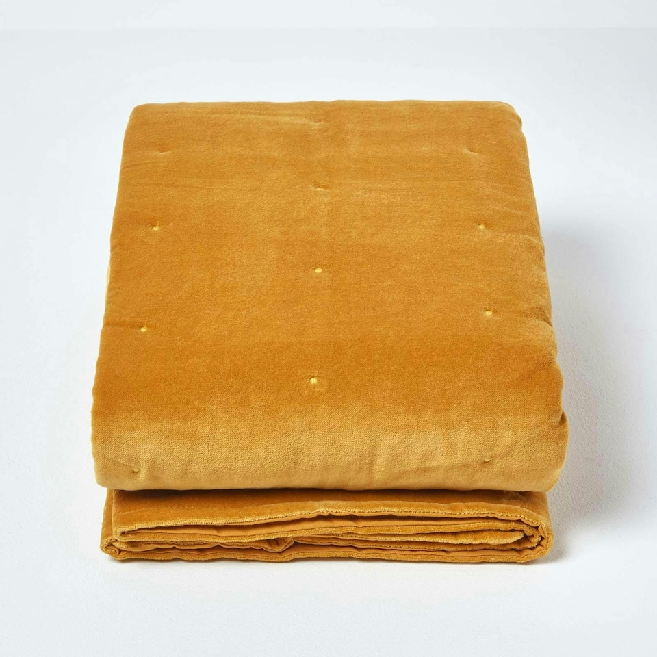 image 1 of Homescapes Mustard Velvet Quilted Throw - 150 x 200 cm