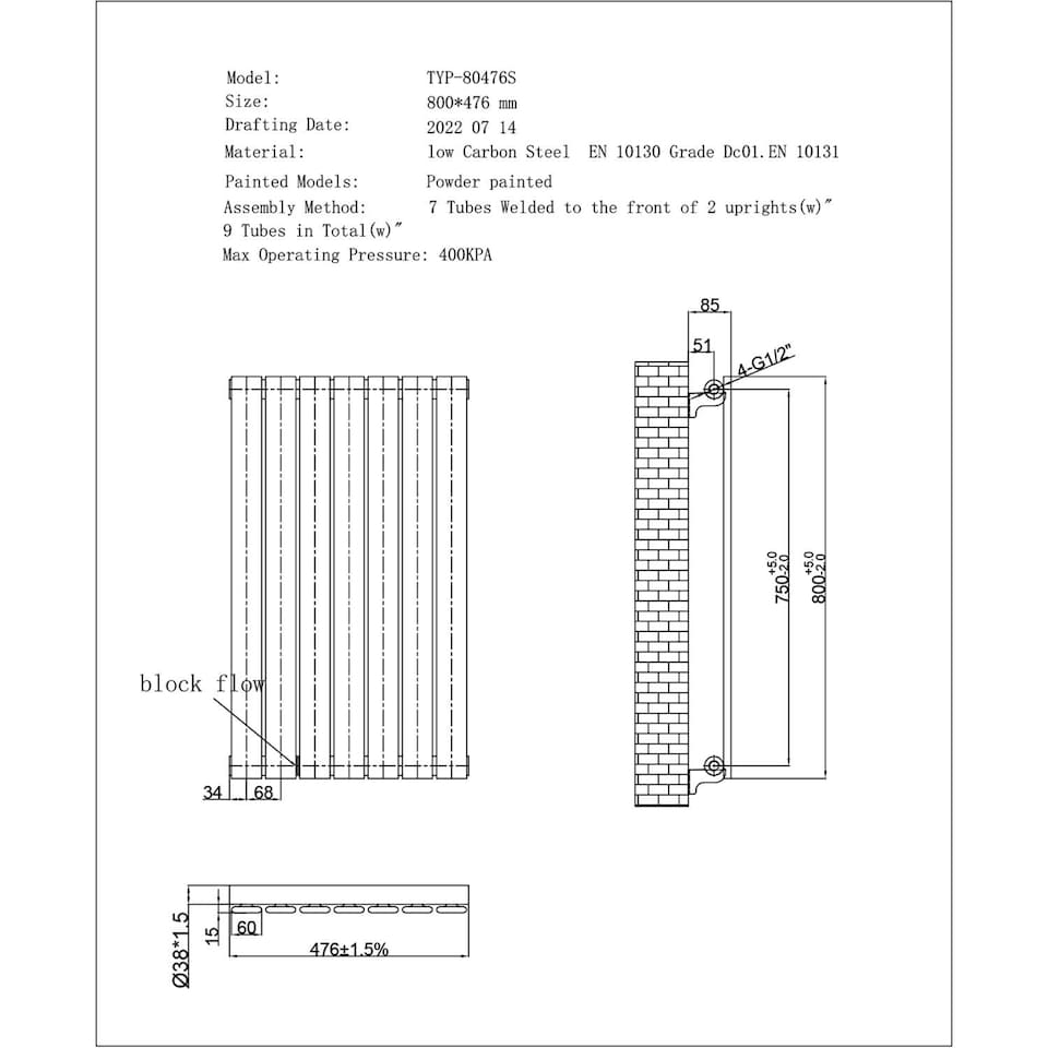 image 1 of Typhoon Axis Horizontal Single Panel Bathroom Radiator - Black (H) 476mm x (W) 800mm