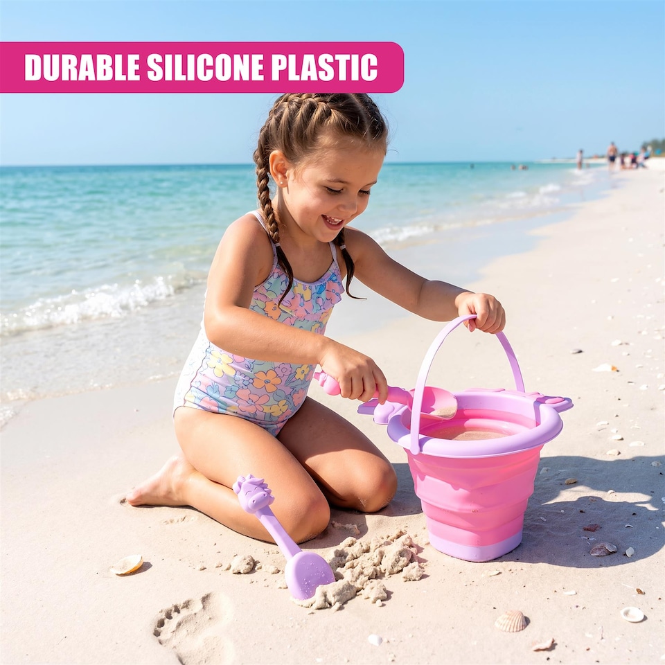image 1 of The Magic Toy Shop Unicorn Sand Pit Kit Collapsible Beach Bucket and Spade Set