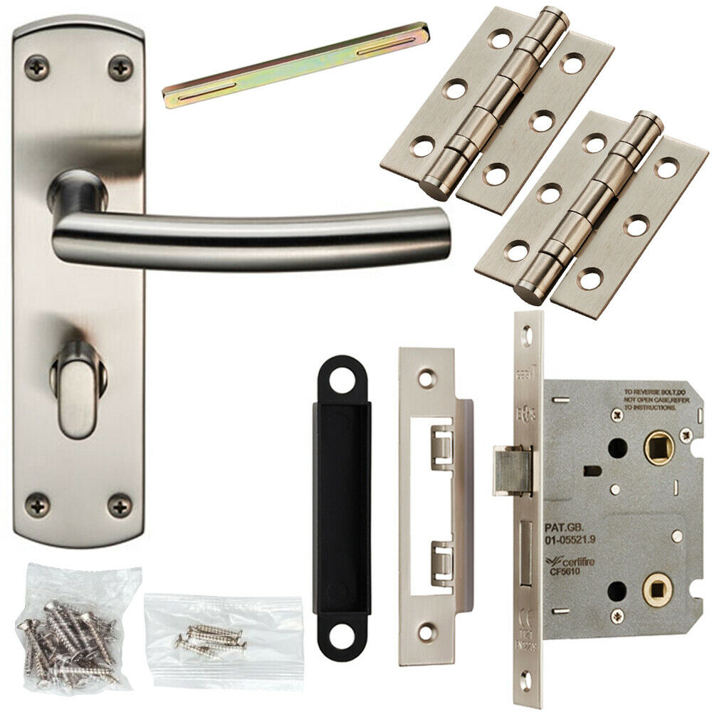 Loops Door Handle & Bathroom Lock Pack Satin Steel Curved & Mitred Bar Backplate in Metallics