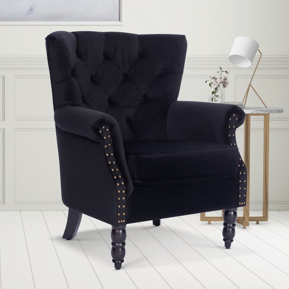 image 1 of Velvet Black Liana Accent Wingback Chair