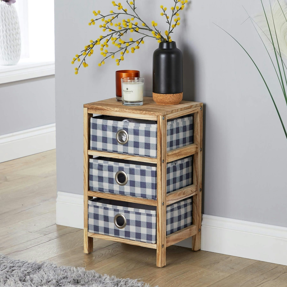image 1 of Wooden Chest Of Storage Drawers Plaid Fabric Bedroom Organiser Coastal Style Brown | 4 Drawers