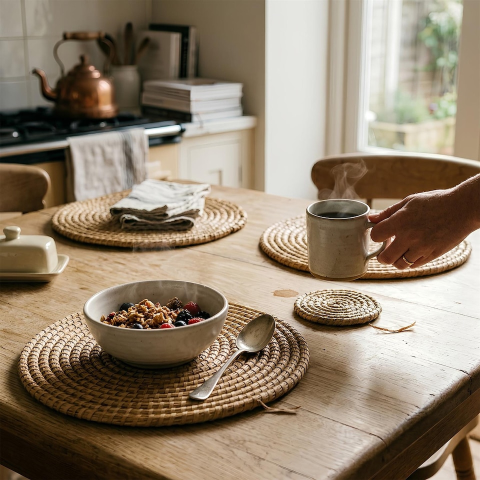 image 1 of Argon Tableware 12pc Round Placemats & Coasters Set - Woven Palm Leaf Kitchen Dining Table Mats Drinks Coaster Protector Mats | Brown | Brown | One Size | 12