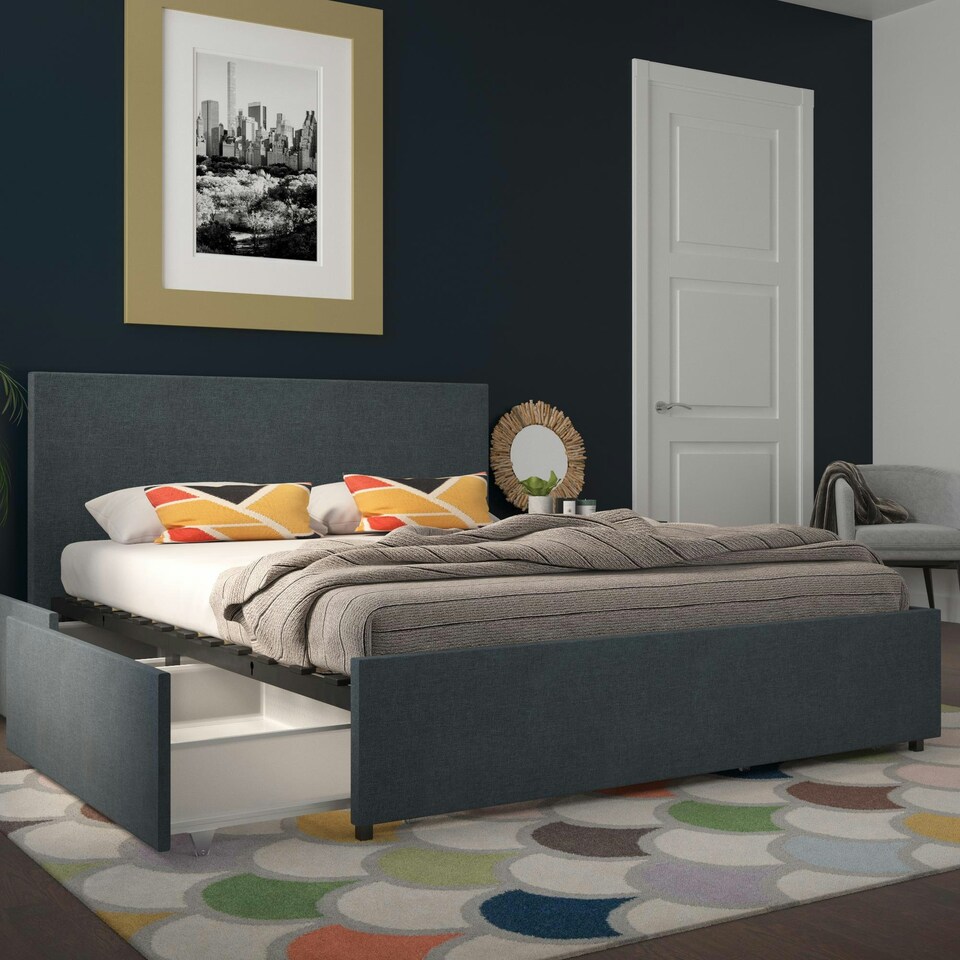 image 1 of Kelly Bed with Storage Fabric Navy, Double