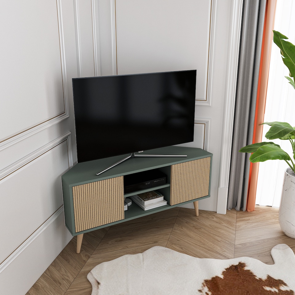 image 1 of Decorotika Lesson 120 cm Corner TV Unit for TVs up to 51 inches with Cabinets and Open Shelves | Green | Silva Green and Rattan Pattern | One Size | 1