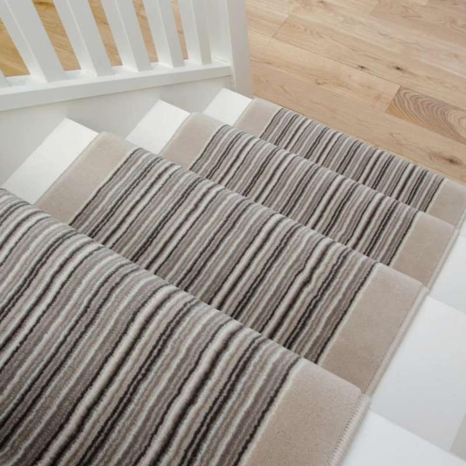 image 1 of KUKOON Beige Striped Cut to Measure Stair Carpet Runner Rug 70cm Wide 70cm x 1230cm